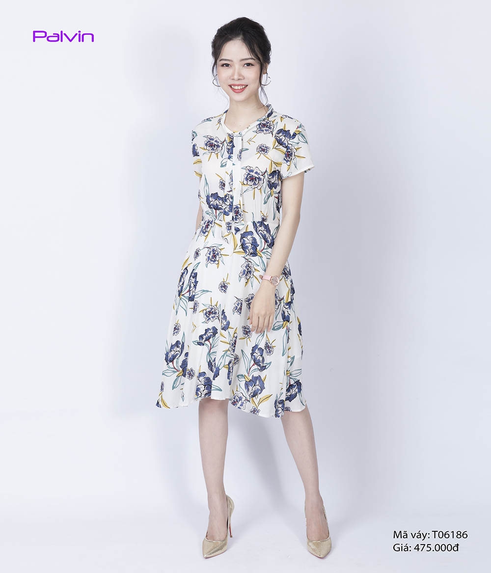 Váy hoa thiết kế dáng xòe cổ bèo V2085  DVC Fashion
